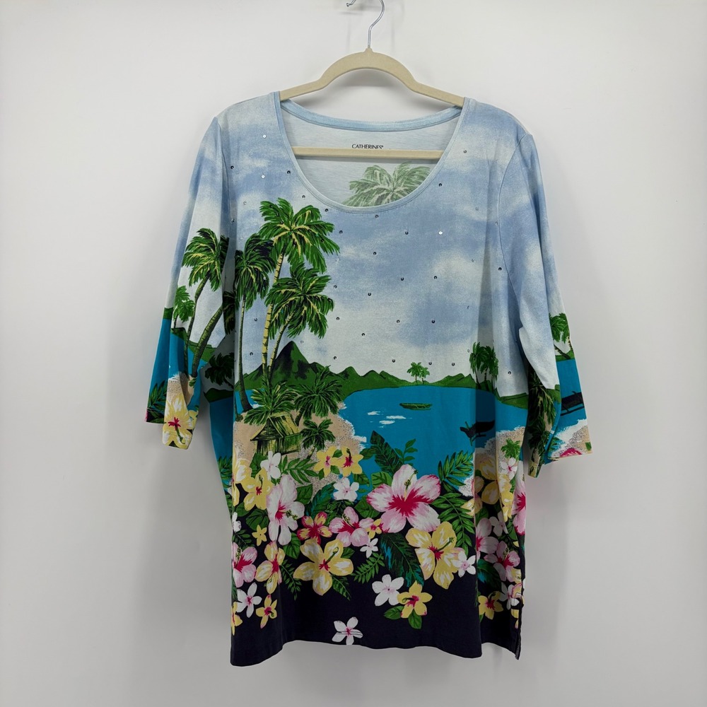 Catherines Womens 1X Blue Tropical Floral Sequin 3/4 Sleeve Cotton Top